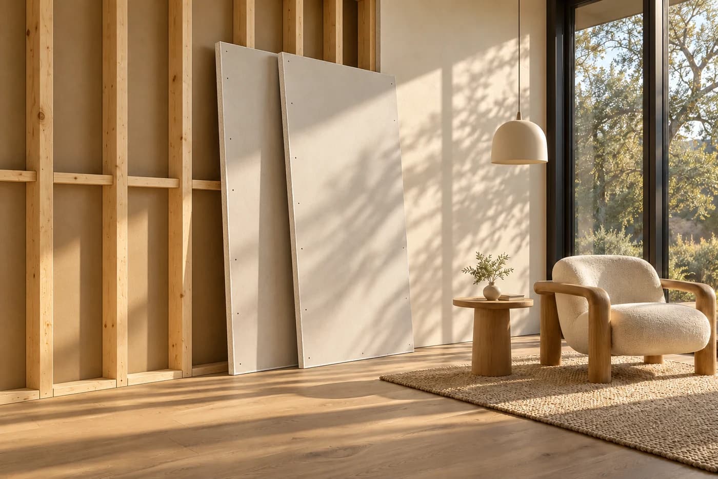 Architectural illustration of timber framing and gypsum boards beside a finished room